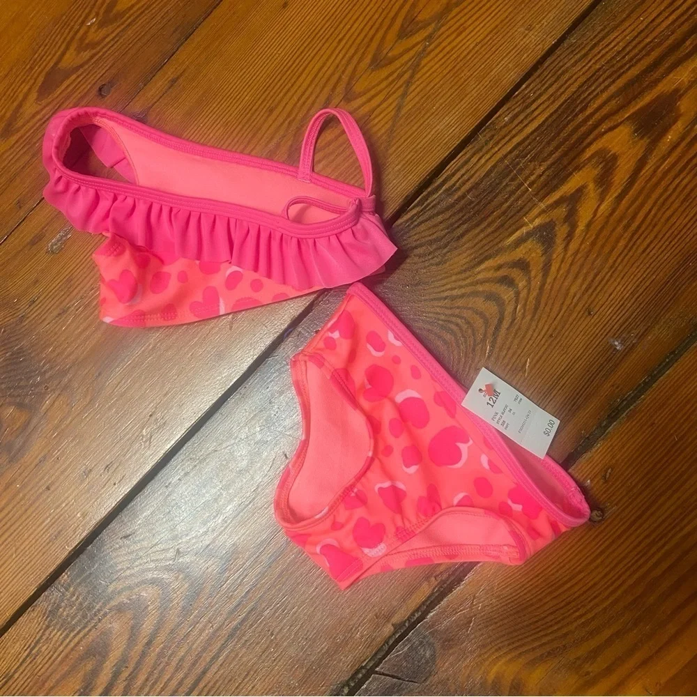 Cat & Jack Girls' One Shoulder Ruffle Bikini Set Size 12M Pink Hearts Swimsuit